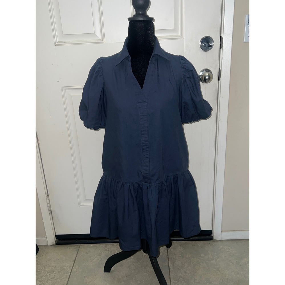 Charcoal Gray Puff Sleeve Ruffle Hem Mini Shirt Dress with Pockets